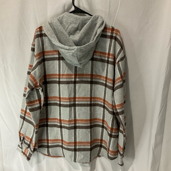 Staccato Womens Fall Plaid Hooded Shacket Size Large Gray Orange Black NWOT - Picture 6 of 13